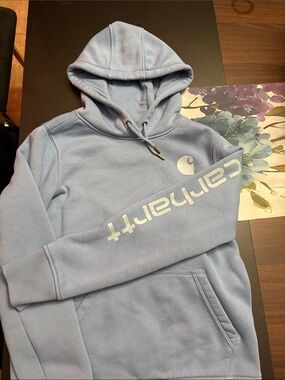 Carhartt Light Blue Pullover Hoodie with White Logo Sleeve